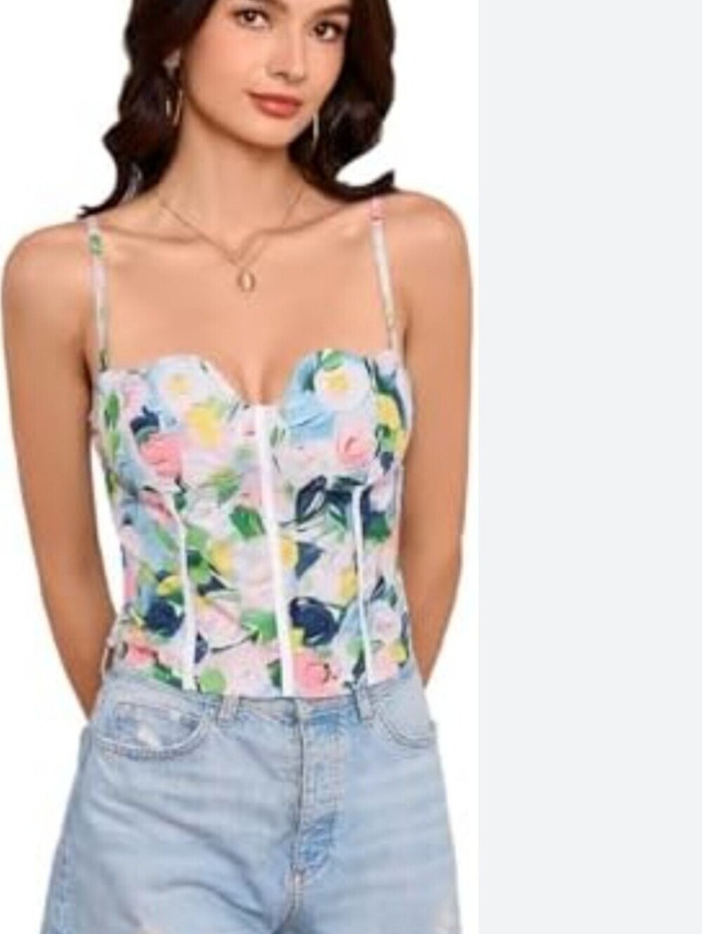 Floral Print Cropped Bustier Tank Top - Multicolor